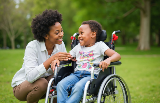 Joyful African American Mother and Disabled Child