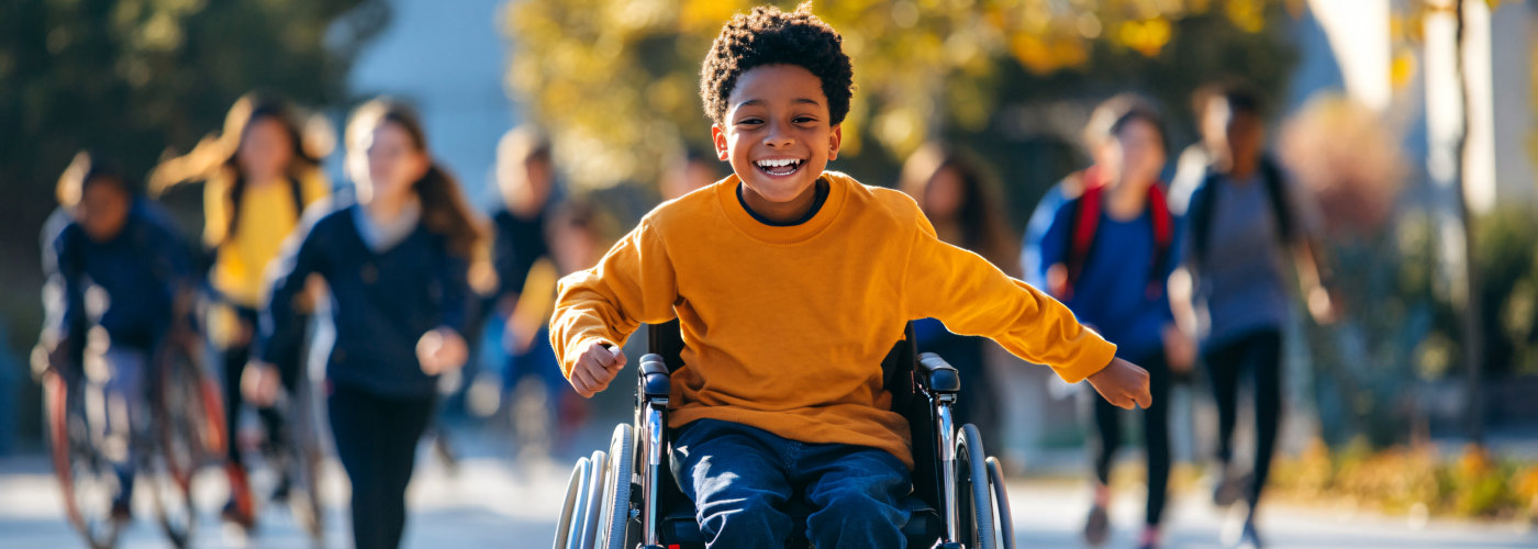 Happy disabled black child smiling while racing friends at school